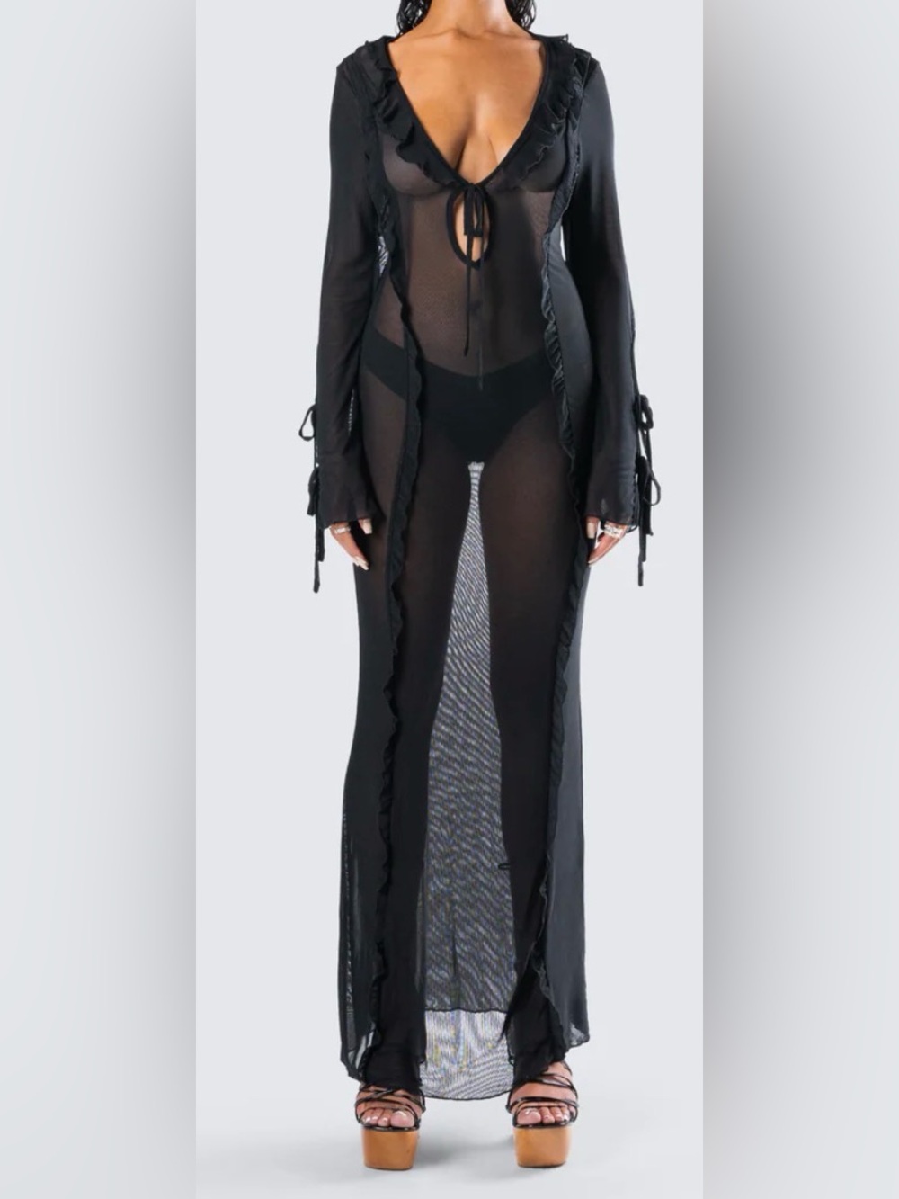 Fashion Nova Black Sheer Long-Sleeve Mesh Maxi Coverup